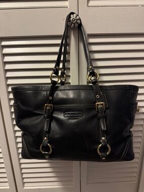 Coach Black Leather Tote with Gold Hardware